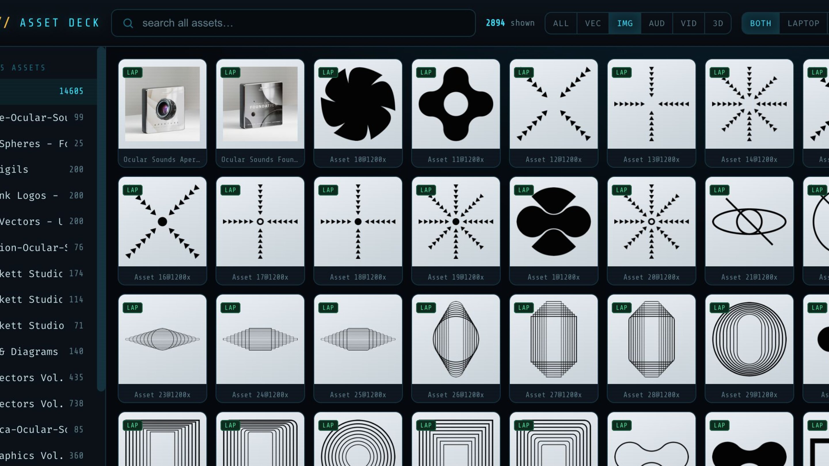 The Asset Deck — the full media gallery, browsable through one HUD