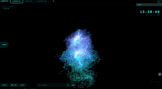 The R1 particle lab — the JARVIS voice console live, persona dock below