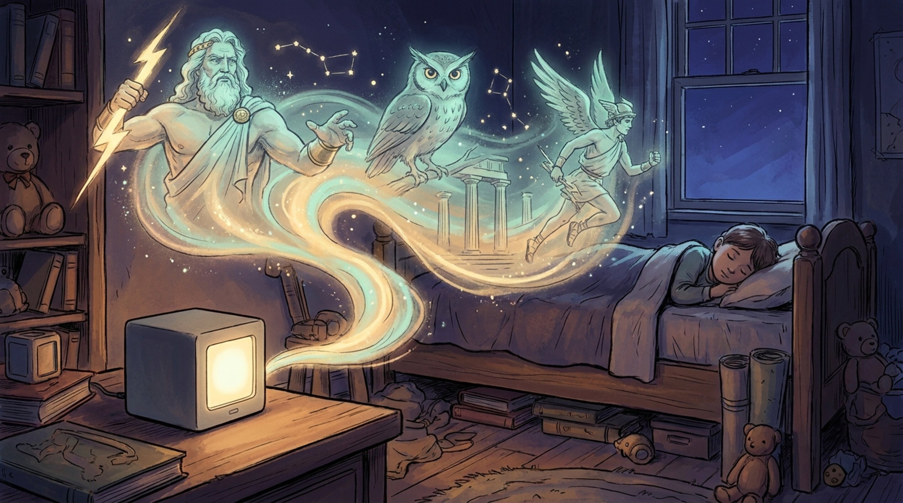 The Storyteller — the ESP32 box on a bedside table, warm light blooming into gods as a child sleeps