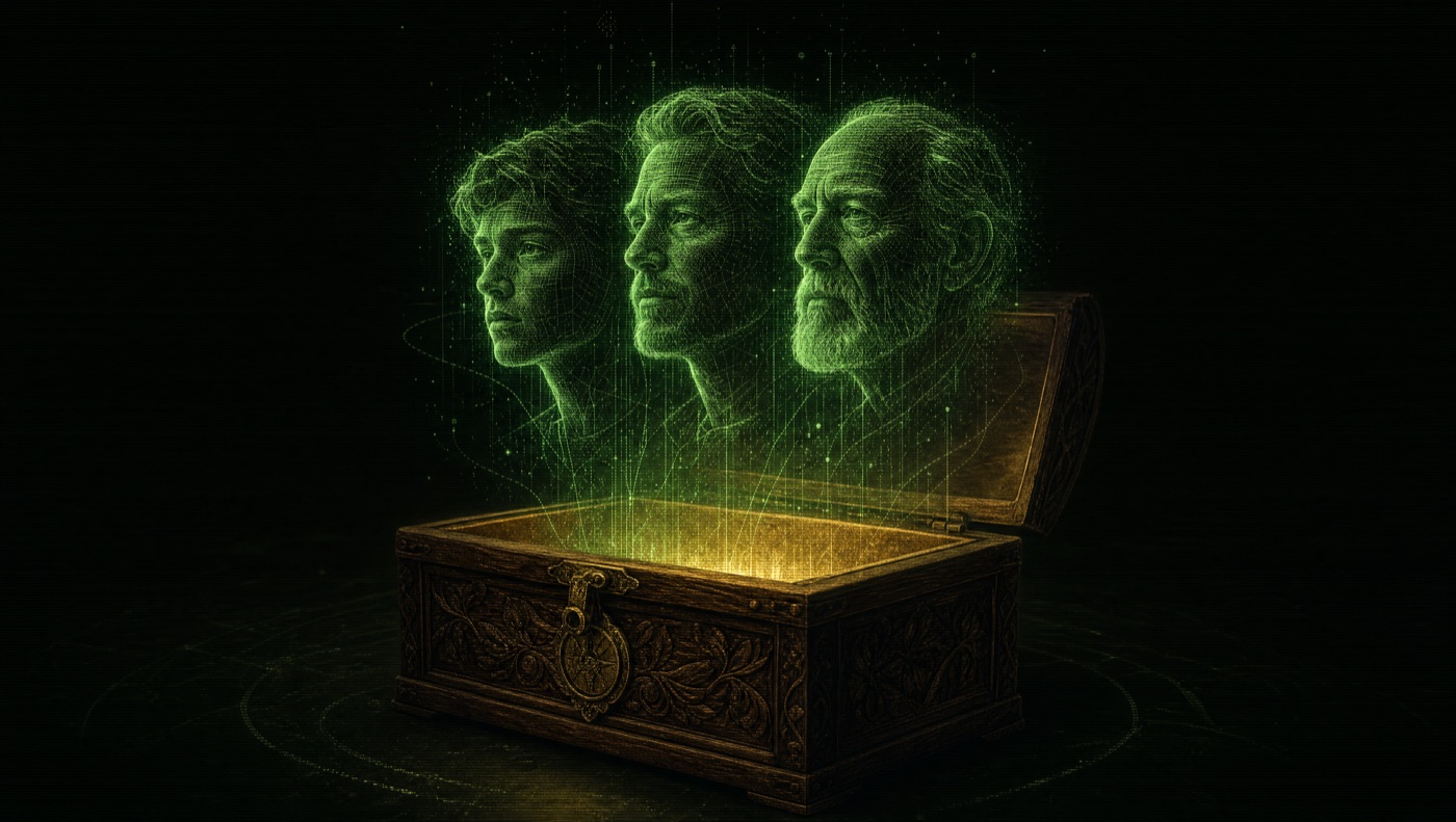 Blast from the Past — three ages of one face rising as holograms from a carved heirloom chest