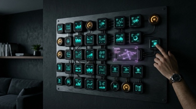 A full mosAIc wall glowing in a dark living room, a hand touching one tile