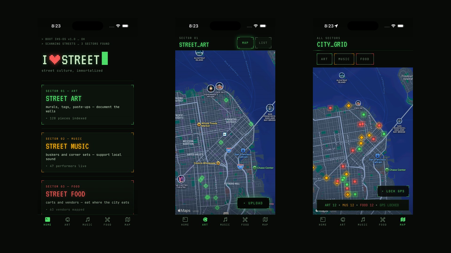 Three I♥Street app screens in the CRT phosphor skin — the boot-log home, the green street-art map, and the amber street-music list