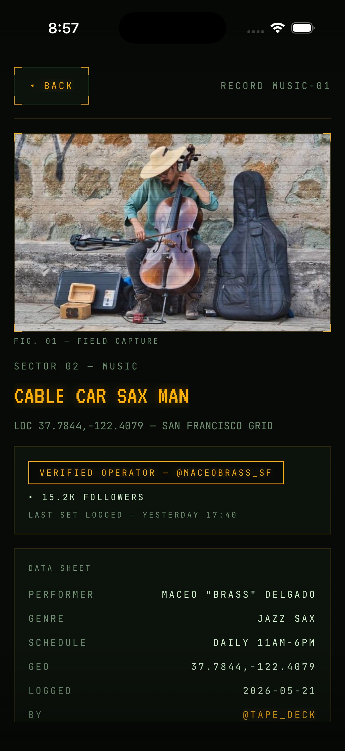 RECORD ART-01 — a mural's field capture, data sheet, and commission line