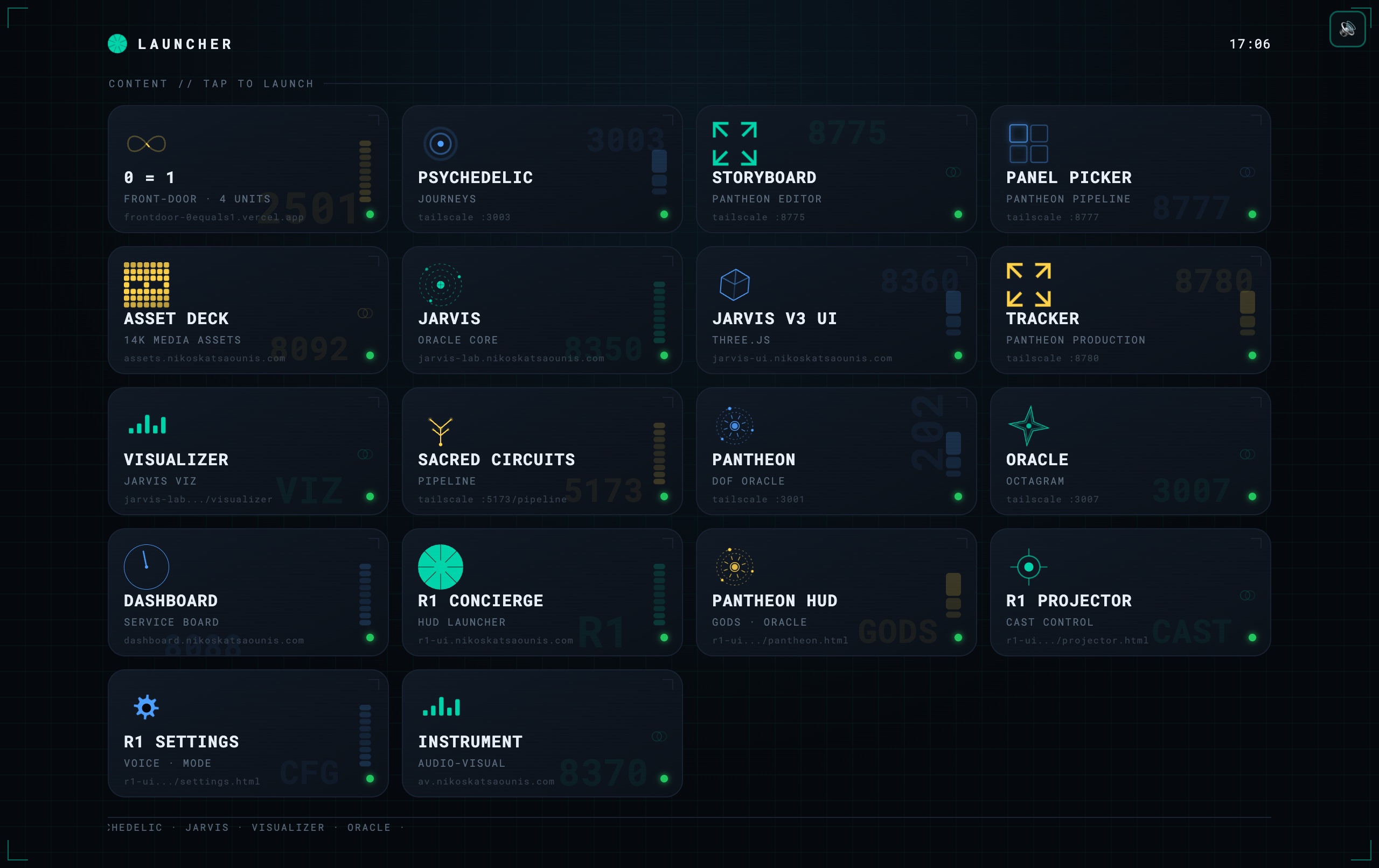 The Launcher — HUD control surface with eighteen live tiles