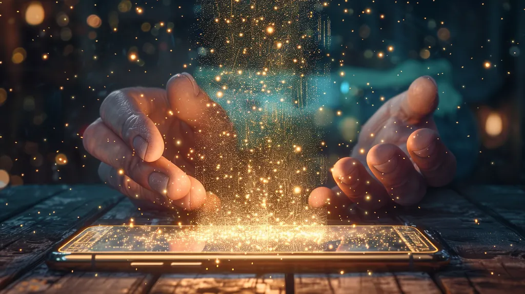 Two hands cupped over a smartphone on a wooden table, a fountain of glowing sparks rising from its screen