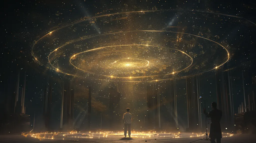 Lone man in white standing in a ring of small flames beneath a vast spiral galaxy of gold light