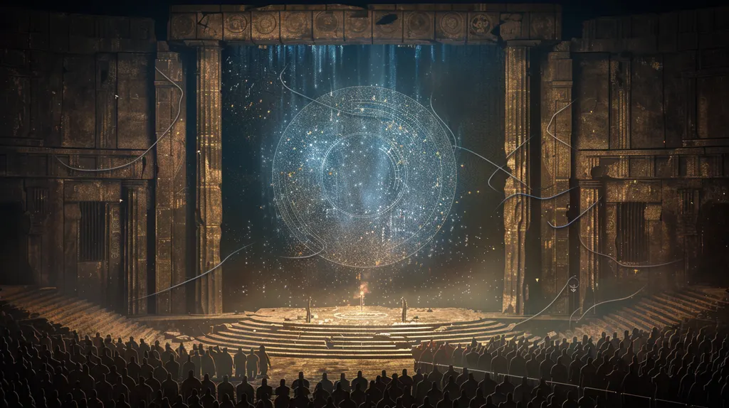 Crowd facing a monumental stone stage where a glowing circular star-map hovers above tiered steps