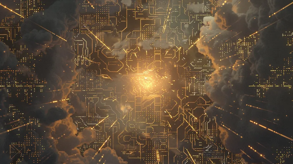 Golden circuit traces radiating from a bright core, seen from above through gaps in dark clouds