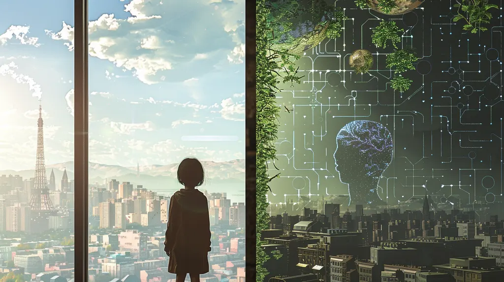 Child silhouetted at a window over Paris beside a wall panel of a circuit-etched head amid ivy
