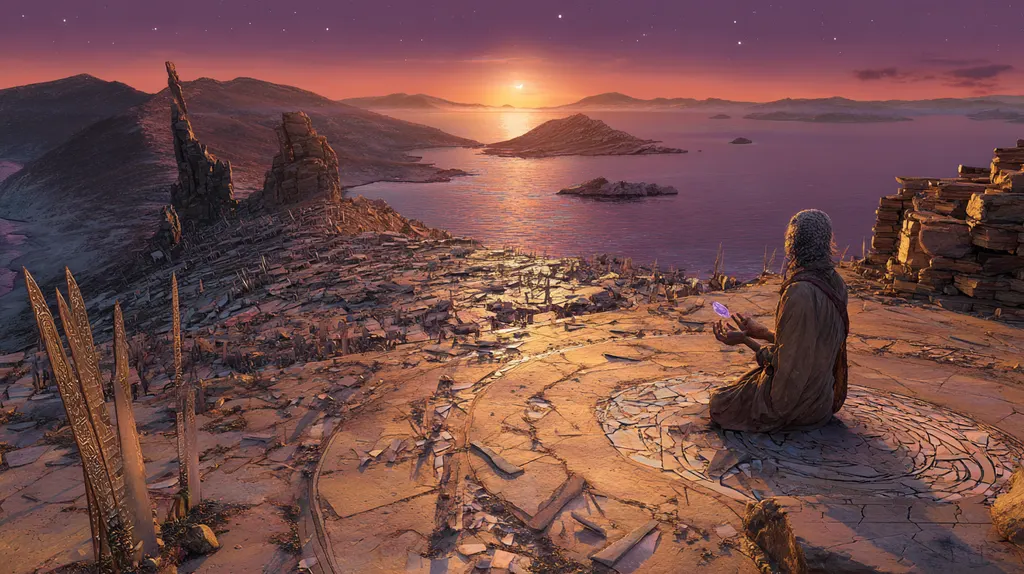 Robed elder kneeling on carved stone terraces above a bay at sunset, a small light held in his hands