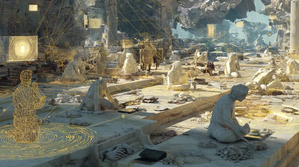 Marble workshop where seated stone figures and golden wireframe forms work over tablets among scattered tools