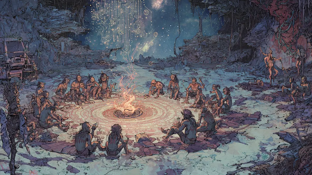 Overhead view of people sitting in a wide circle on a rocky floor around a fire with concentric rings