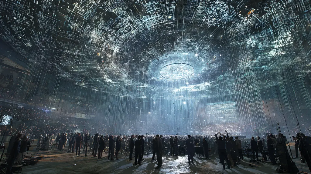 Crowd in a vast arena beneath a cathedral-like dome of streaming white light and a round central lamp