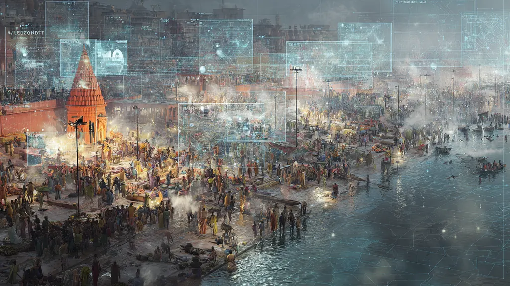 Crowded riverside temple ghats overlaid with translucent surveillance rectangles and data readouts