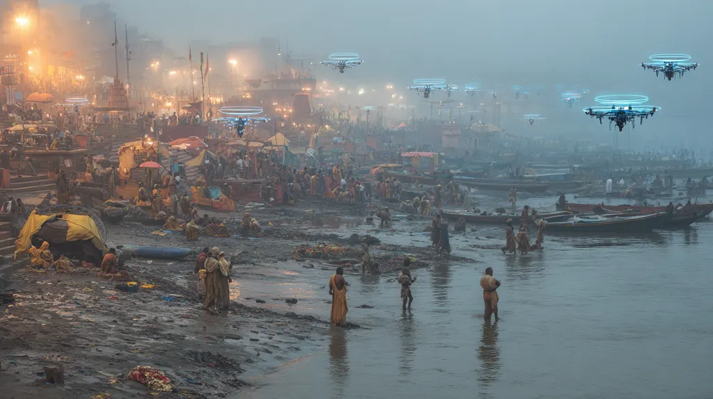 Bathers wading a misty river before boats and shore tents as quadcopter drones with blue lights hover overhead