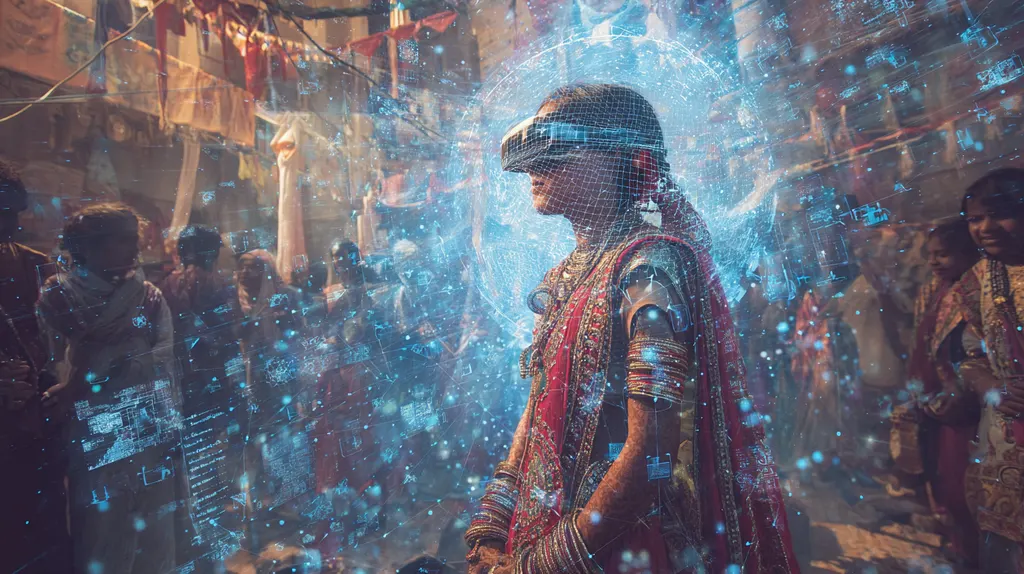 Woman in an embroidered red sari wearing a VR headset in a market street, surrounded by floating holograms