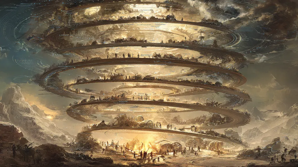 Tiered spiral of tiny settlements ascending into the clouds above a crowd gathered around a valley fire