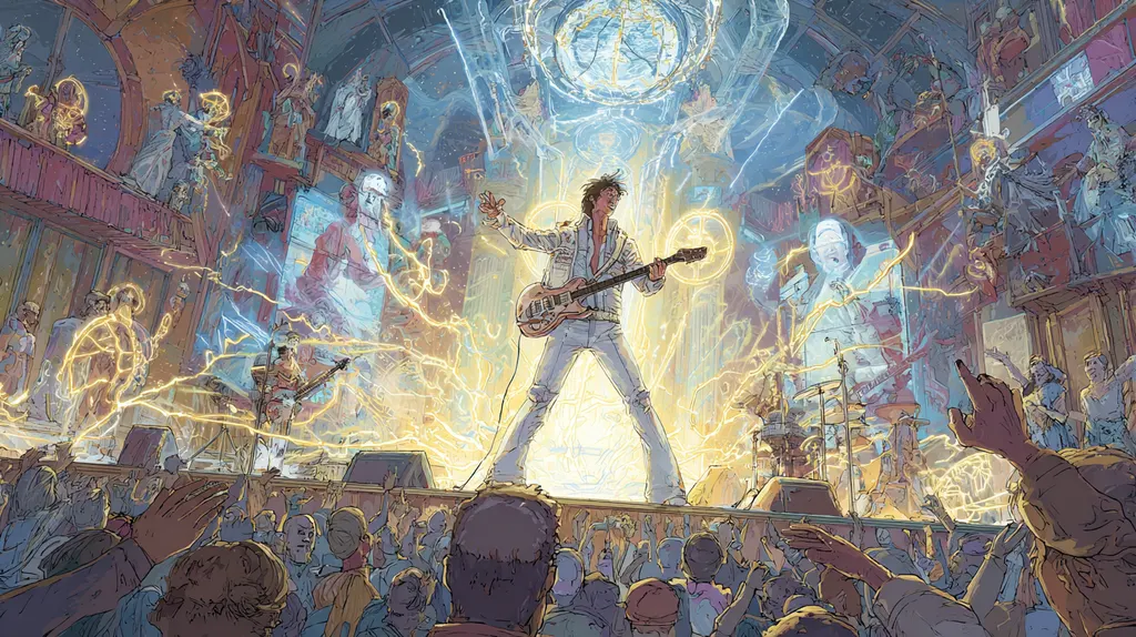 Guitarist in a white suit striding across a stage in a blaze of electric light above raised hands