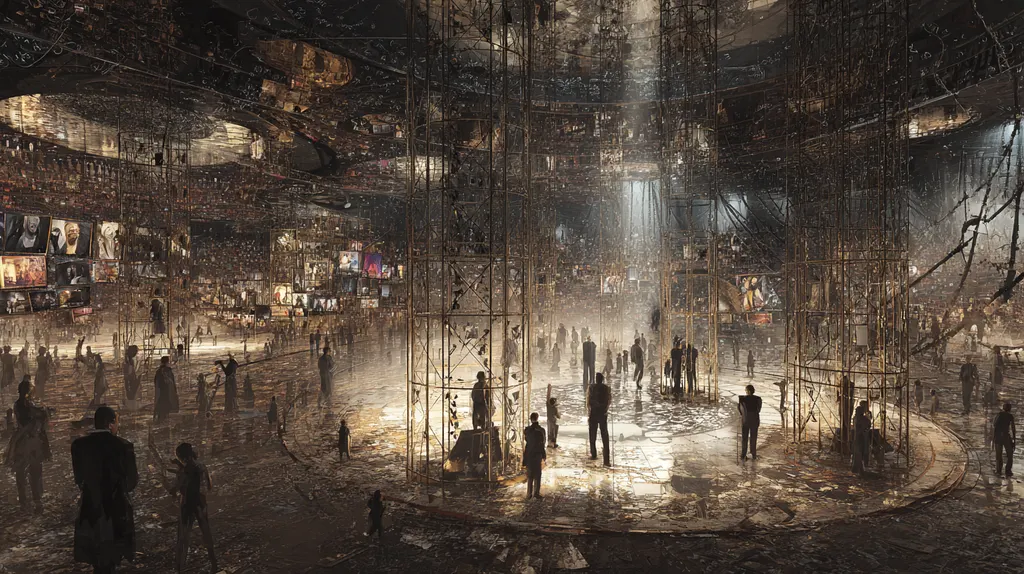 Suited silhouettes standing on a lit arena floor among tall scaffolding towers under a ceiling of portraits