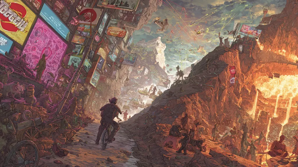 Cyclist riding a dirt road between a cliff of glowing billboards and a canyon of lava and rubble