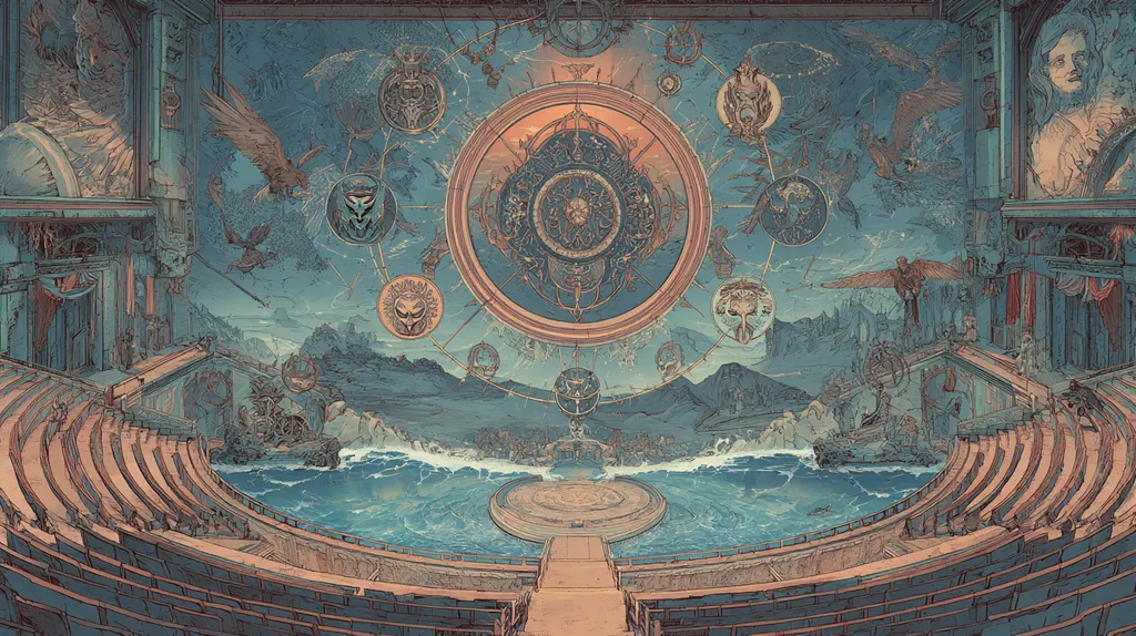Blue-and-coral engraved amphitheatre opening onto the sea, a great zodiac wheel ringed by medallions overhead