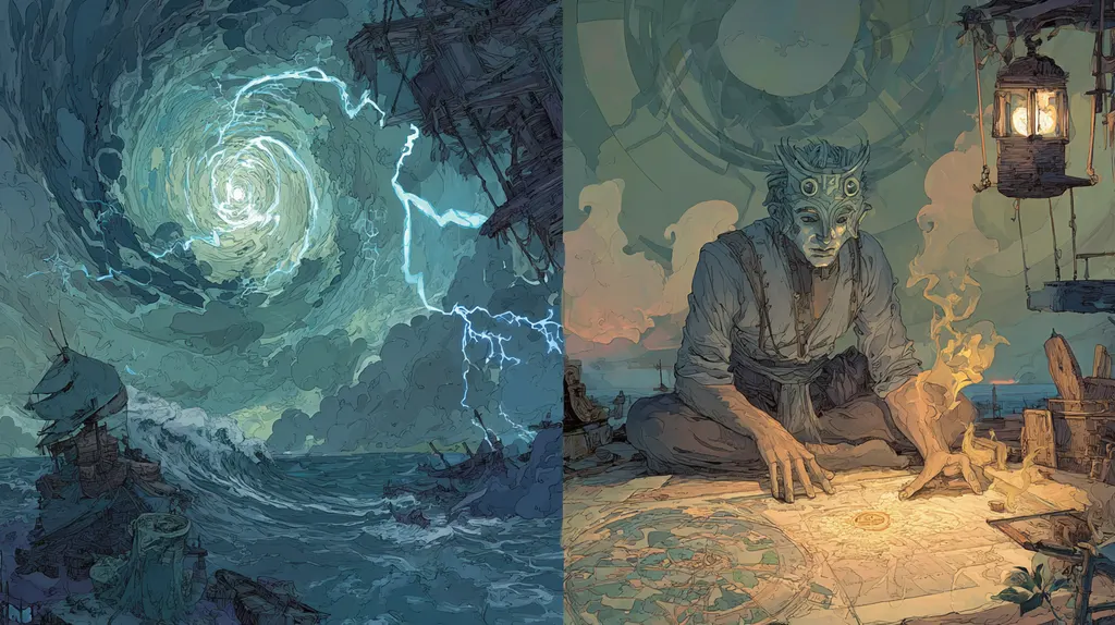 Diptych: a ship tossed beneath a lightning whirlpool, and a horned masked man studying a map by lantern