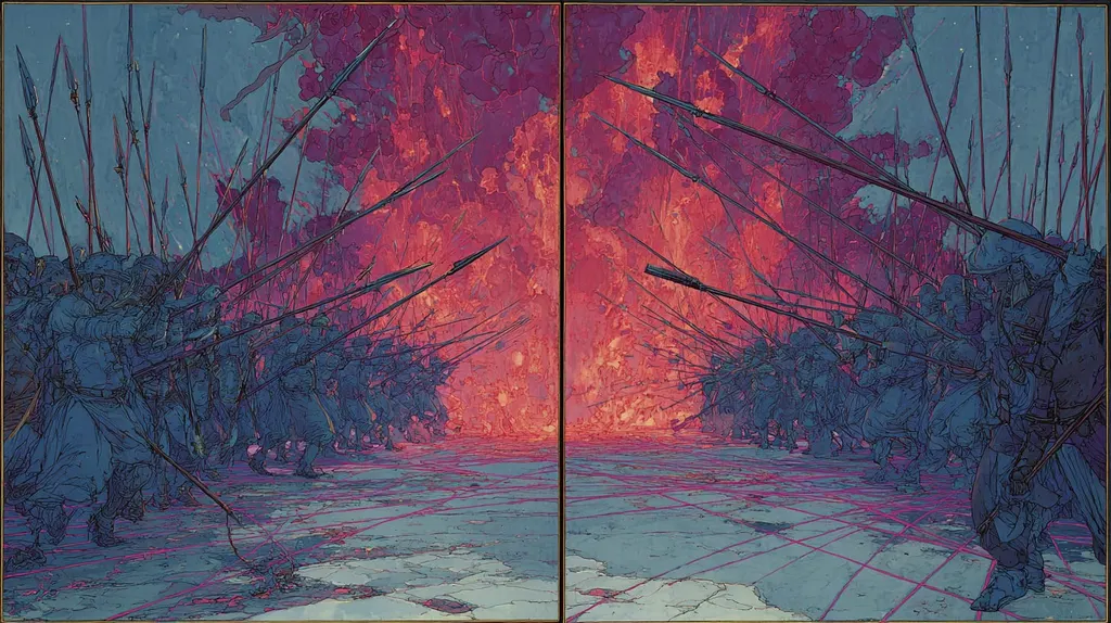 Two panels of spear-carrying soldiers in blue advancing on a wall of pink and orange fire