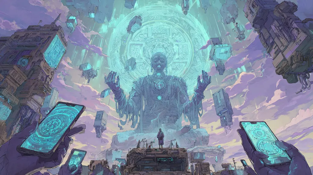 Hands raise smartphones toward a colossal teal statue with open palms and a halo disc among floating screens