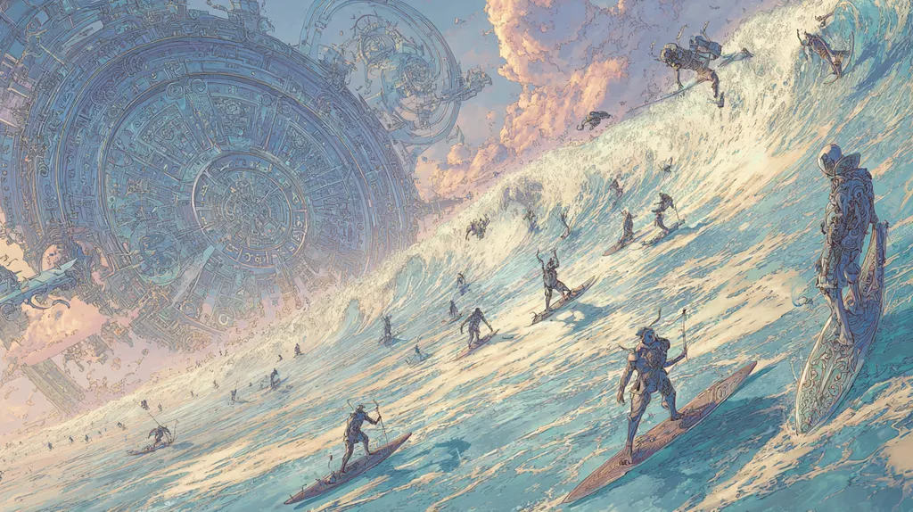 Armoured surfers riding a towering wave beneath a giant carved dial and pink clouds