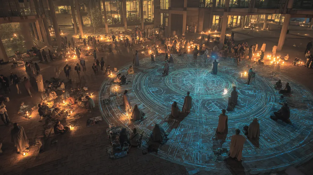 Night courtyard between lit office blocks where robed figures gather on a glowing blue circular floor diagram