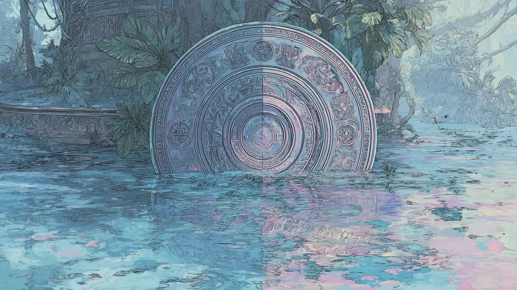 Carved stone disc half-sunk in still pastel water beside palm fronds and a moss-covered ruin