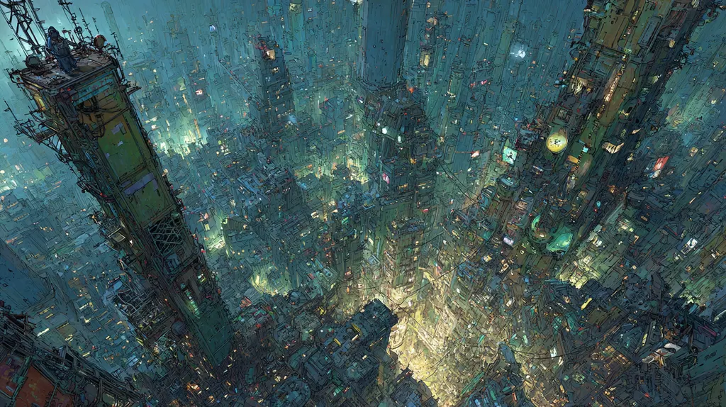 Bird's-eye view down into a dense teal megacity of stacked towers, antennas and scattered lit windows
