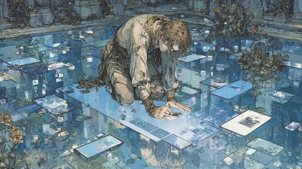 Young man kneeling on a flooded floor of glowing tablets and phones, staring down at his own reflection