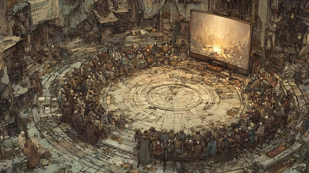 Crowd seated in a ring around a circular stone floor, watching a large screen that shows a bonfire