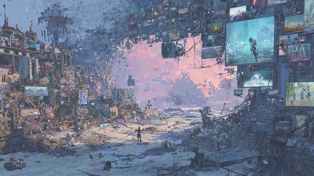 Lone figure walking a rubble plain among fragmenting walls of screens under a pink evening sky