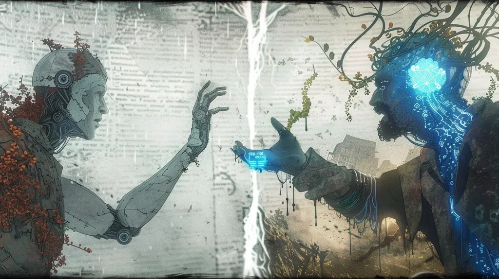 Grey android and a bearded man with a glowing blue mind reach toward a bolt of white light on newsprint
