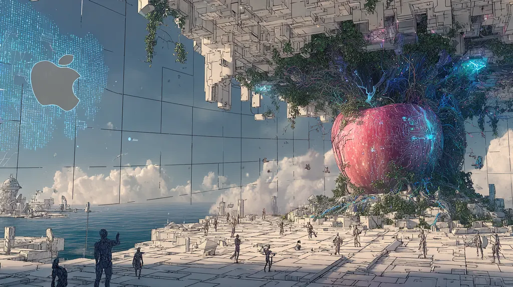 Tiny figures on white stone plains beneath a giant wired red apple and an Apple logo wall