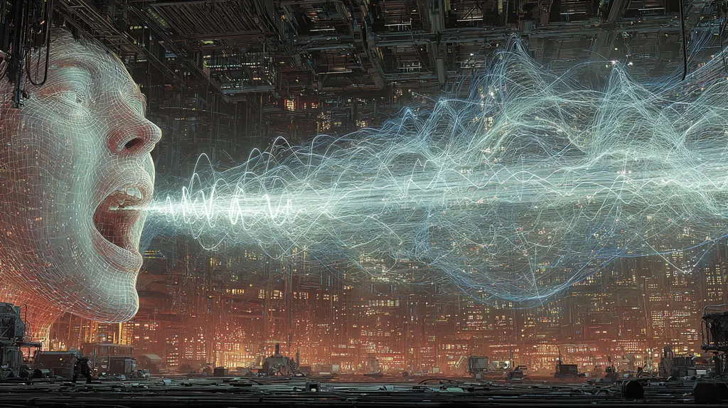 Colossal wireframe face shouting a beam of tangled white waveforms across a red-lit industrial city at night