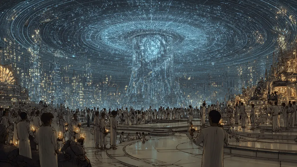 White-robed crowd holding lamps beneath a swirling galaxy of light and a glowing central pillar