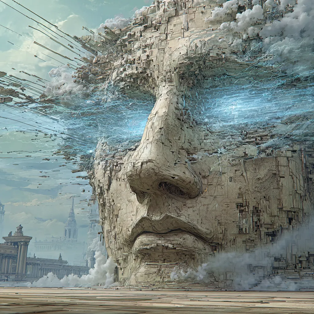 Monumental stone face built from blocks, eyes streaming blue light and steam, dwarfing a neoclassical skyline