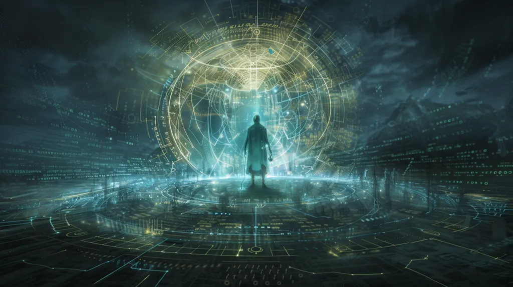 Cloaked figure standing at the centre of a glowing circular grid of code beneath a domed halo