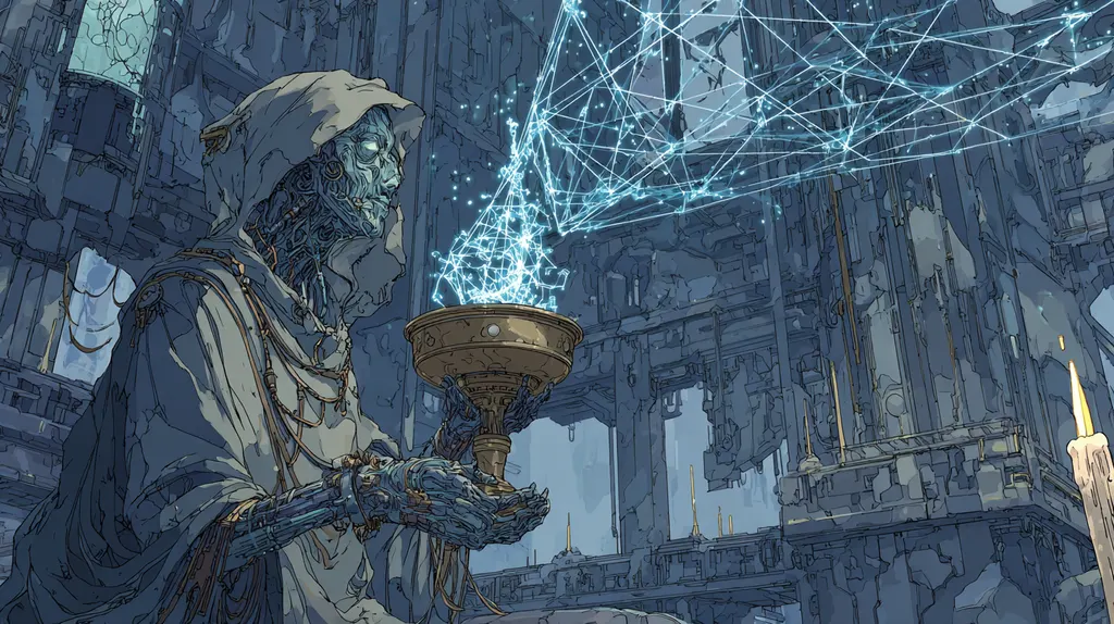 Hooded blue-skinned cyborg cradling a brass goblet from which a lattice of light rises, candle at the edge