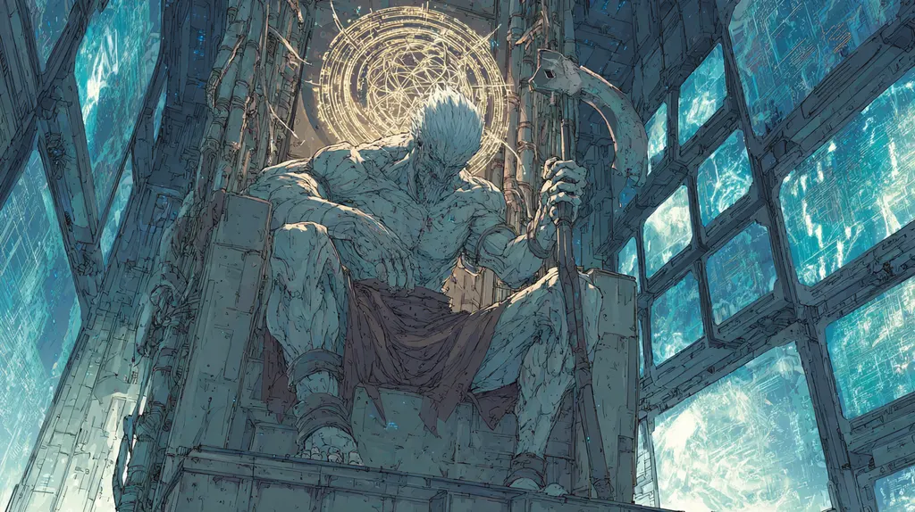 Massive pale-skinned figure slumped on a mechanical throne gripping a sickle beneath a golden circle
