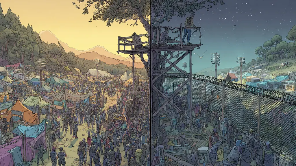 Split festival scene: sunlit crowd among tents on the left, fenced night camp under a watchtower on the right