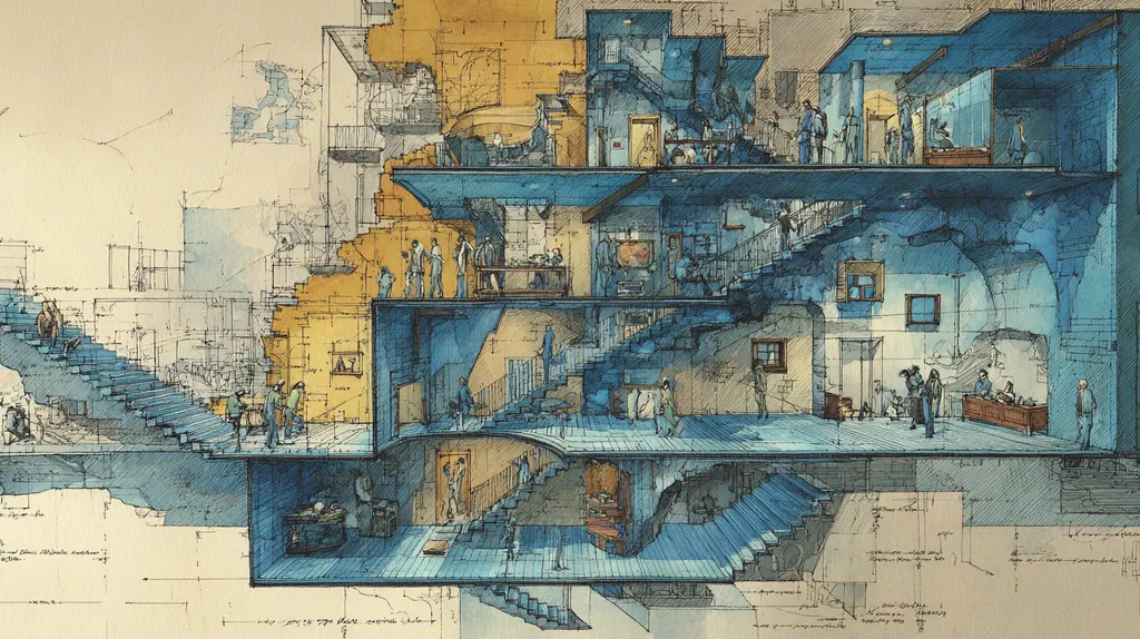 Watercolour cross-section of a multi-storey building with blue-tinted rooms, staircases and small figures