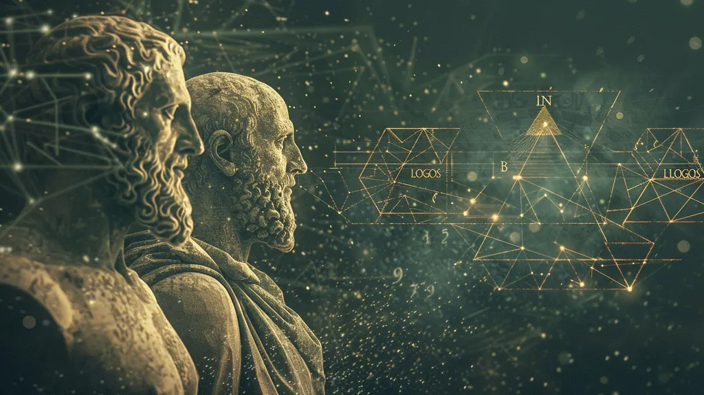 Two bearded marble busts in profile facing a lattice of golden triangles and lines labelled LOGOS