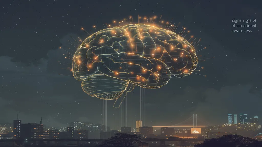 Translucent wireframe brain glowing with orange nodes hovering above a night city skyline on cables