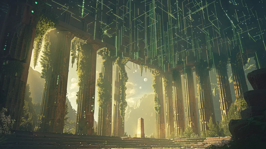 Sunlit ruined colonnade draped in ivy beneath falling streams of green code, an obelisk at its centre
