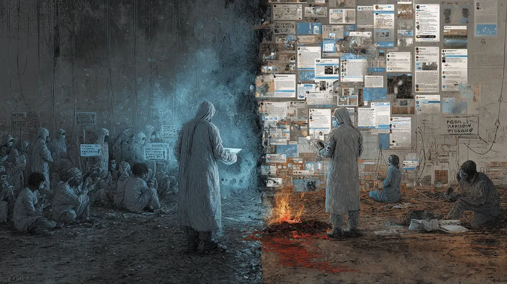 Split painting of hooded figures on grey rubble with placards, and a wall of social-media posts above a fire
