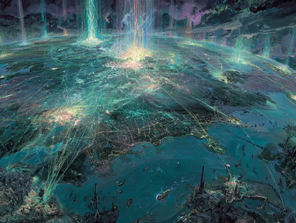 Vast landscape from above laced with glowing teal lines and columns of light rising into purple clouds